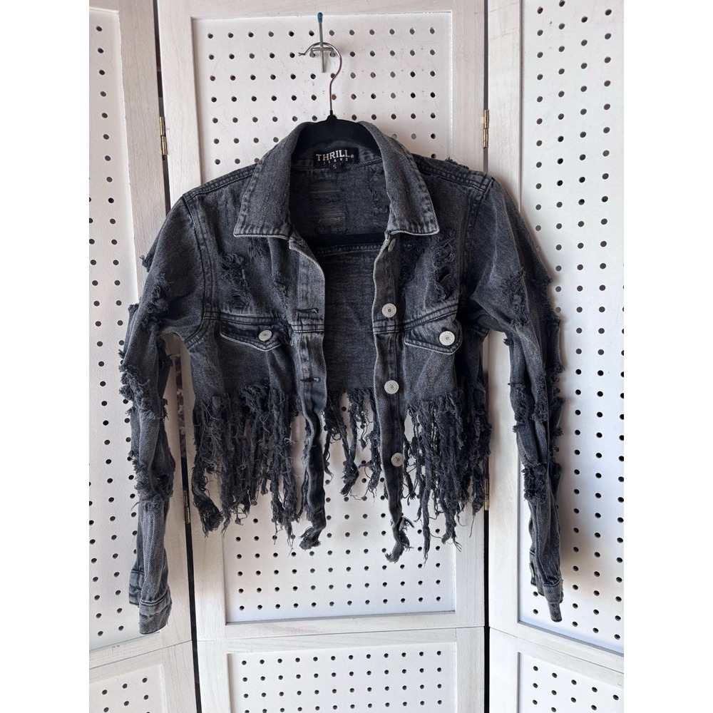 Women's Small Thrill Jeans Distressed Jacket Fringe Cropped Grunge Denim Black